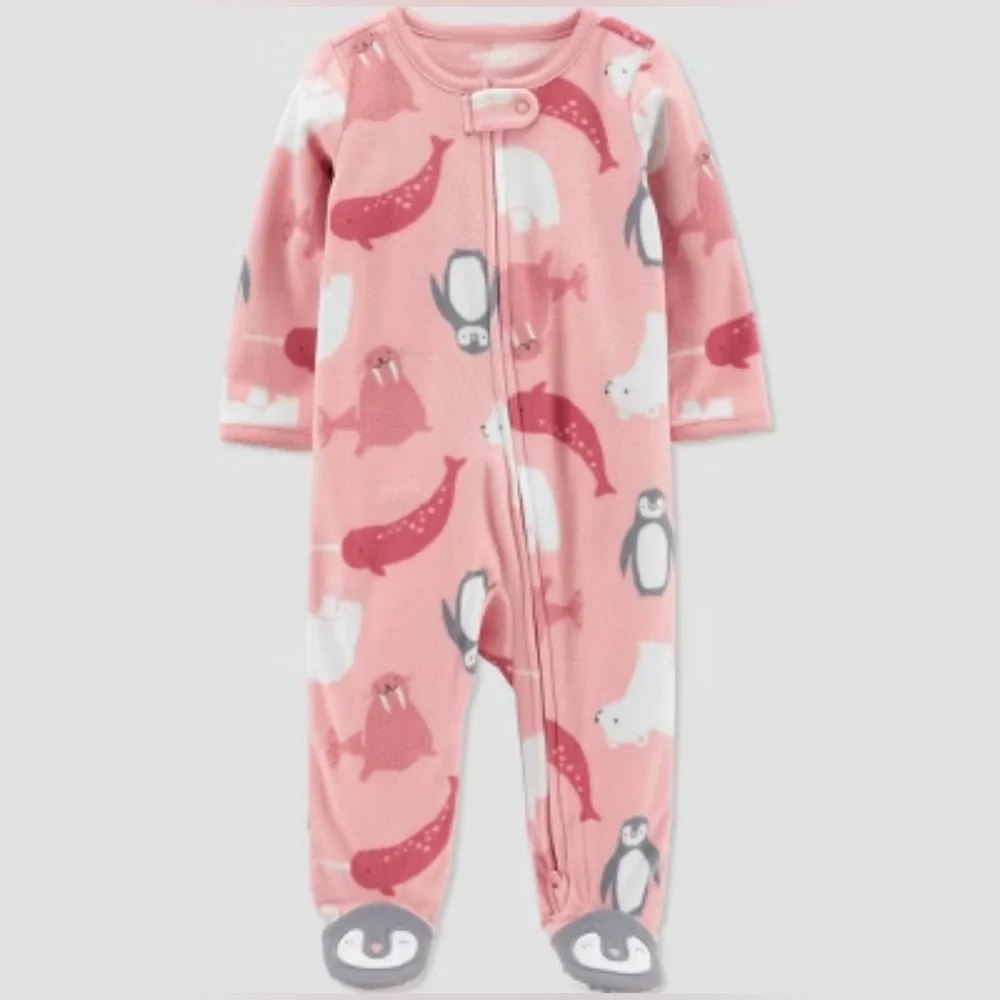 Carters Baby Girl Fleece Sleeper Playsuit 2 Way Zip Pink Animal Print 6 Months